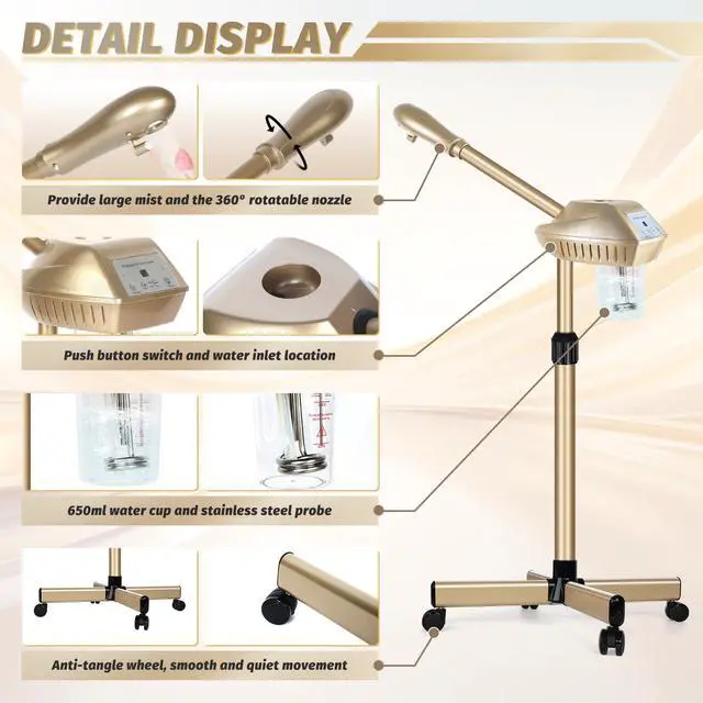 Alt view image 2 of 7 - Facial Steamer Professional, Steamer for Face on Wheels, Champagne Gold