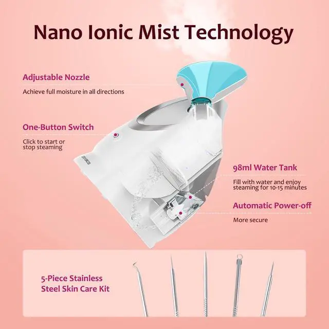 Alt view image 2 of 7 - Facial Steamer, Nano Ionic Warm Mist for Facial Deep Cleaning Blue