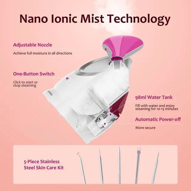 Alt view image 2 of 7 - Facial Steamer, Nano Ionic Warm Mist for Facial Deep Cleaning Pink