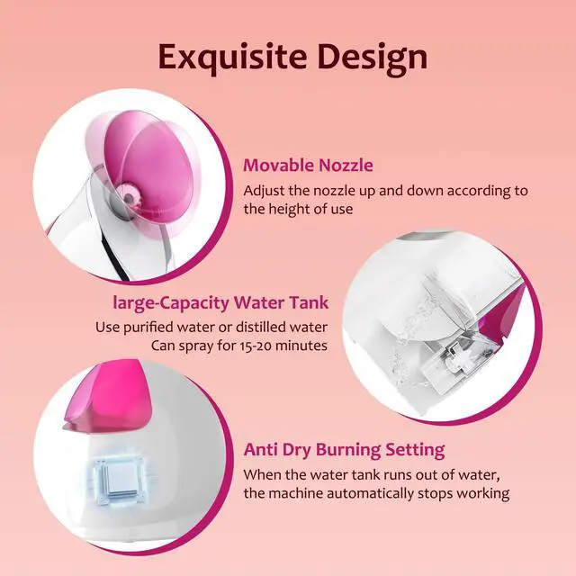 Alt view image 7 of 7 - Facial Steamer, Nano Ionic Warm Mist for Facial Deep Cleaning Pink