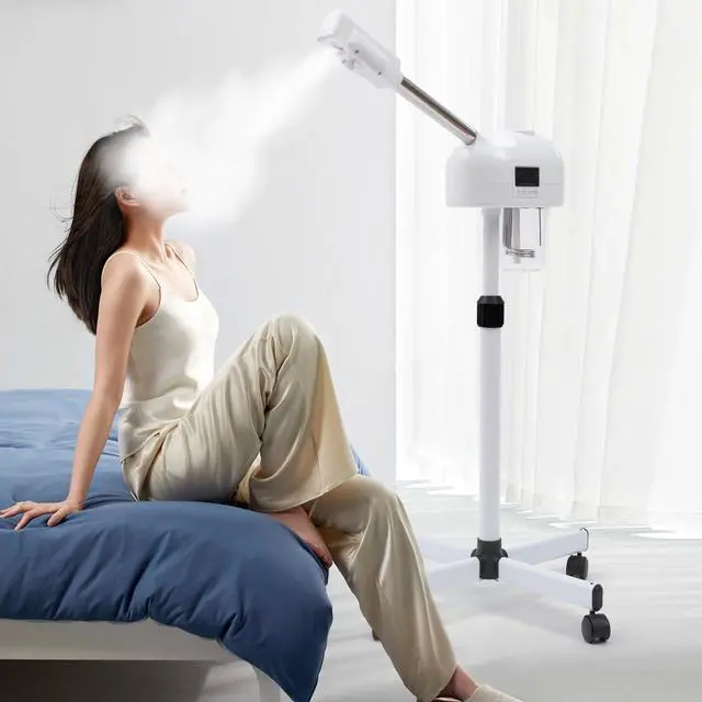 Alt view image 2 of 7 - Professional Facial Steamer, LCD Ozone Standing Esthetician Steamer with Timer Function and Hot Mist, Mobile Adjustable Height Face Steamer for Beauty Stores Home Use Spa Salon (White)