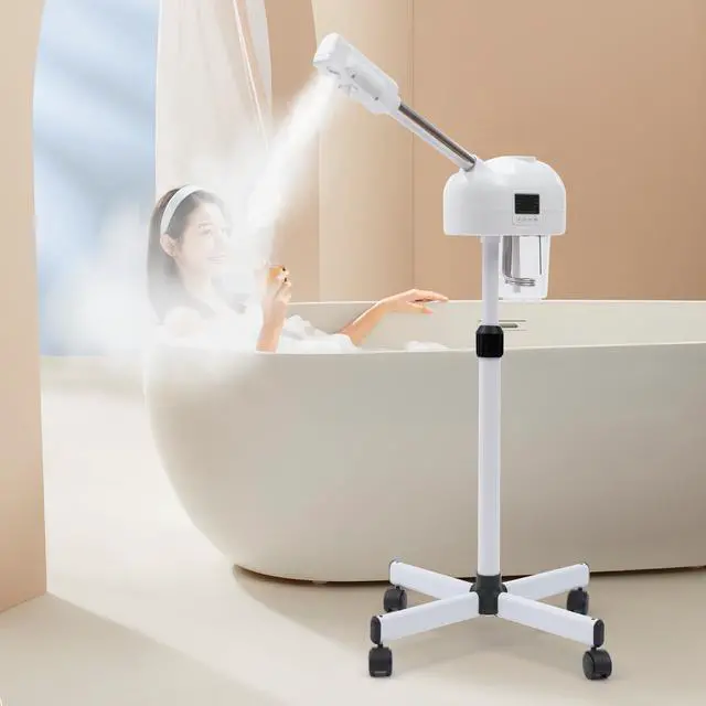 Alt view image 3 of 7 - Professional Facial Steamer, LCD Ozone Standing Esthetician Steamer with Timer Function and Hot Mist, Mobile Adjustable Height Face Steamer for Beauty Stores Home Use Spa Salon (White)