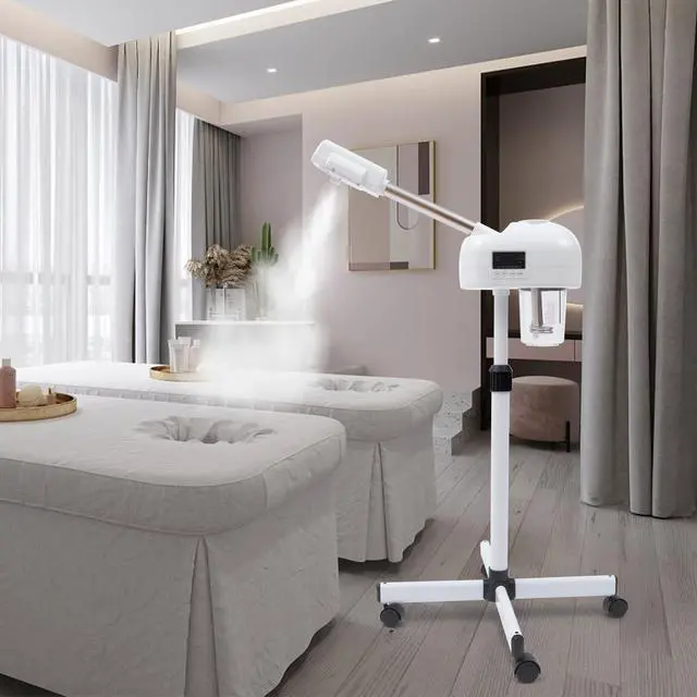 Alt view image 4 of 7 - Professional Facial Steamer, LCD Ozone Standing Esthetician Steamer with Timer Function and Hot Mist, Mobile Adjustable Height Face Steamer for Beauty Stores Home Use Spa Salon (White)
