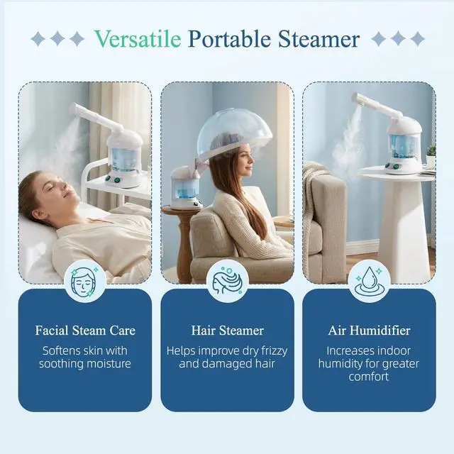 Alt view image 2 of 7 - 3-in-1 Portable Facial Steamer and Hair Steamer, Humidifier, Nano Ionic Face Steamer for Acne Blackhead, Unclogs Pores, Spa Quality