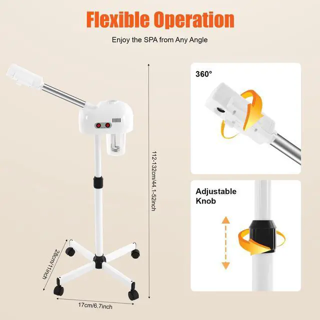 Alt view image 4 of 7 - Professional Ozone Facial Steamer on Wheels, Adjustable Height, 360° Rotatable Nozzle, for Home and Salon