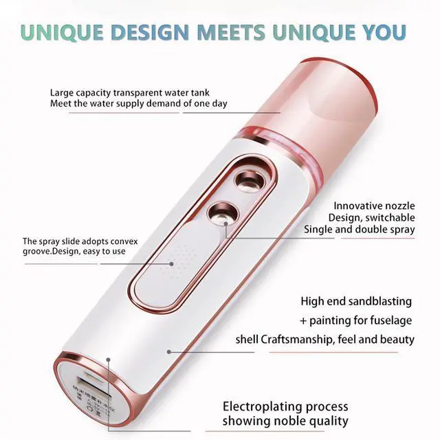 Alt view image 6 of 6 - Nano Facial Mister, Cool Mist Face Steamer with 2 Spray Nozzle, USB Rechargeable, Visual Water Tank, Nano Mister for Eyelash Extensions, Skin Care, Daily Makeup, Deep Hydrating-Pink