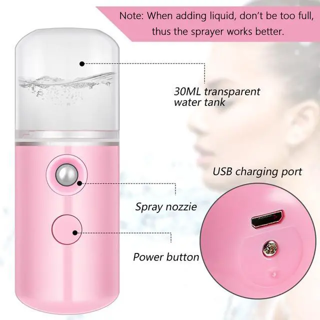 Alt view image 4 of 7 - 4 Pcs Nano Facial Mister Handy Nano Mist Sprayer 30ml Visual Water Tank Portable Face Steamer Mini USB Mister for Lash Extensions, Skin Care, Makeup(White, Black, Blue, Pink)