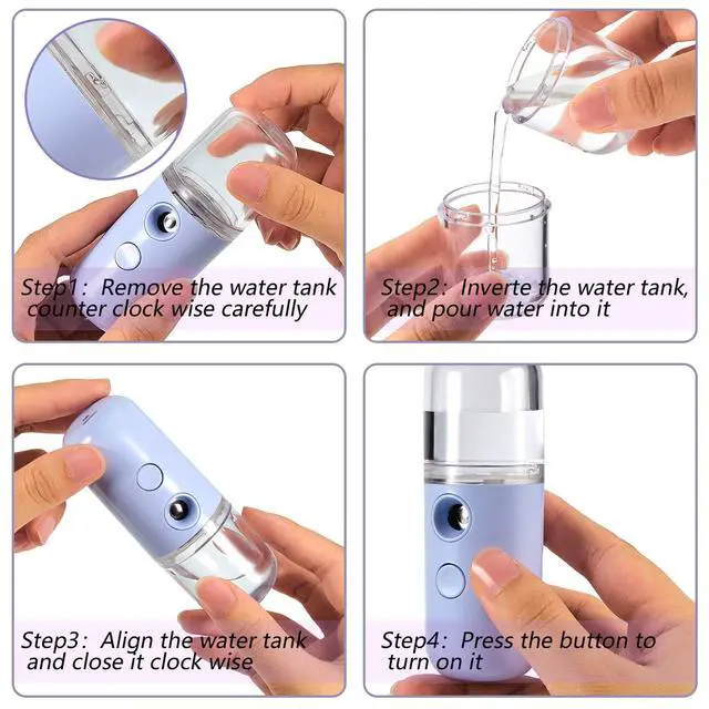 Alt view image 3 of 7 - 4 Pcs Nano Facial Mister Handy Nano Mist Sprayer 30ml Visual Water Tank Portable Face Steamer Mini USB Mister for Lash Extensions, Skin Care, Makeup(White, Black, Blue, Pink)