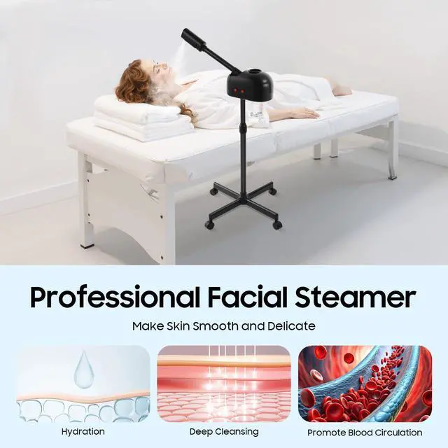 Alt view image 2 of 7 - Professional Facial Steamers, Hot Ozone Face Steamer for Facial, Standing Facial Steamer on Wheels, Esthetician Steamer for Salon Beauty and Spa, Mist Face Steamer for Facial Skin Care (Black)