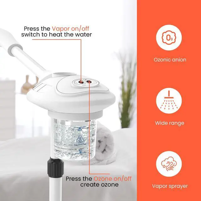 Alt view image 3 of 6 - Professional Facial Steamer with Ozone, Vapor ozono Facial Steamer Professional for Clean Skin, Firm Pores, Esthetician Steamer for Home or Salon Use, Adjustable Height and Angle,White