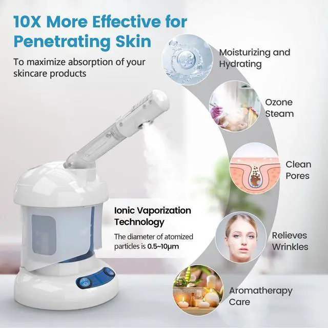 Alt view image 2 of 7 - Nano Ionic Facial Steamer - 360° Rotatable Sprayer - 40 Minutes Warm Mist - Humidifier - Professional Face Steamer for Facial Deep Cleaning (White)