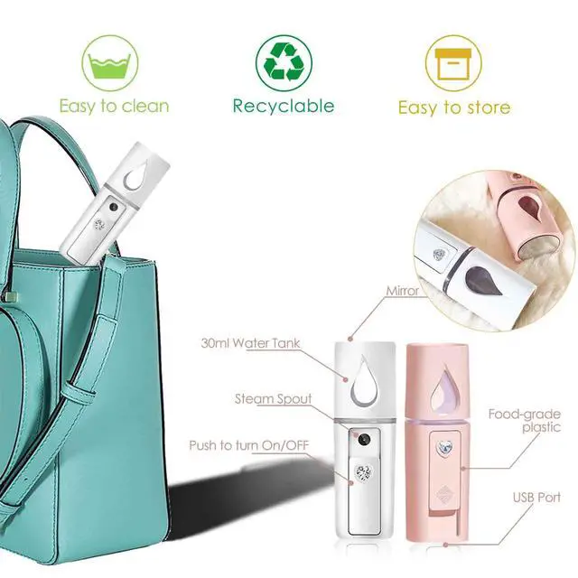 Alt view image 4 of 6 - Nano Facial Steamer, Handy Mini Mister with Mirror, USB Rechargeable Mist Sprayer, Visual Water Tank Moisturizing&Hydrating for Face, Makeup, Skin Care, Eyelash Extensions-Pink
