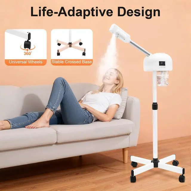 Alt view image 3 of 7 - Standing Facial Steamer with LCD Timer 0-20min, Ozone Face Steamer Machine, Movable Pedicure Steamer with Wheels & Adjustable Height, Portable Skin Care Spa for Home Beauty Salon