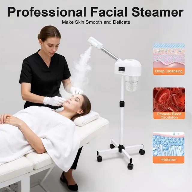 Alt view image 4 of 7 - Standing Facial Steamer with LCD Timer 0-20min, Ozone Face Steamer Machine, Movable Pedicure Steamer with Wheels & Adjustable Height, Portable Skin Care Spa for Home Beauty Salon