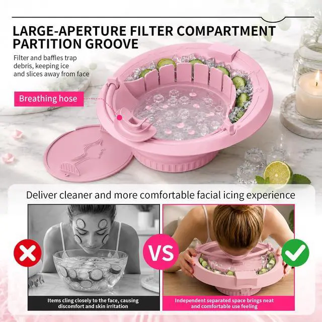 Alt view image 3 of 7 - Breathable Face Ice Bath Bowl with Ice & Skincare Separation Design (Pink)