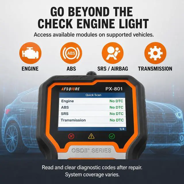 Alt view image 4 of 7 - OBD2 Scanner Check Engine Light Car Code Reader Clear Error Codes ABS SRS SAS Etc Full Vehicle System Diagnostics Tool Compatible with Toyota Honda Ford