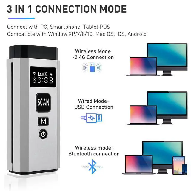 Alt view image 2 of 7 - Barcode Scanner Bluetooth, 1D 2D Portable Wireless Barcode Reader 3 in 1 Wired & Bluetooth & 2.4G Wireless Connection Bar Code Scanners with TFT Screen Work for iOS, Windows, Android