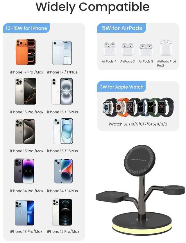 Alt view image 2 of 7 - Wireless Charger, 3 in 1 Magnetic Charging Station for Apple Device