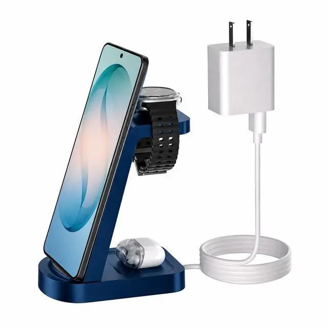 Main image of Wireless Charger for Samsung/Android, 3 in 1 Fast Charging Station/Stand/Multi Charger for Samsung S26 Ultra/S25/Note 20, Travel Pad for Galaxy Watch 8/7/6/5/Active 2, for Buds(Blue)