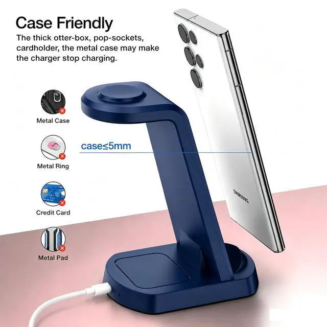 Alt view image 4 of 7 - Wireless Charger for Samsung/Android, 3 in 1 Fast Charging Station/Stand/Multi Charger for Samsung S26 Ultra/S25/Note 20, Travel Pad for Galaxy Watch 8/7/6/5/Active 2, for Buds(Blue)