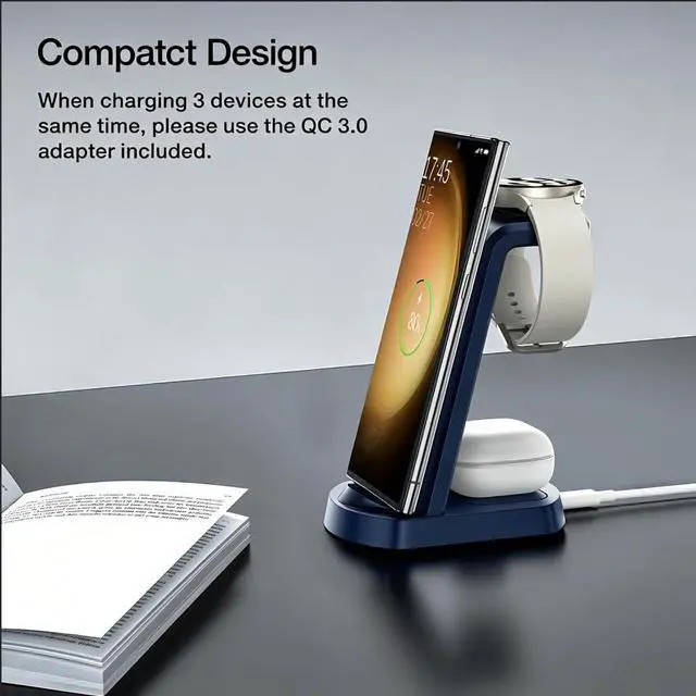 Alt view image 6 of 7 - Wireless Charger for Samsung/Android, 3 in 1 Fast Charging Station/Stand/Multi Charger for Samsung S26 Ultra/S25/Note 20, Travel Pad for Galaxy Watch 8/7/6/5/Active 2, for Buds(Blue)