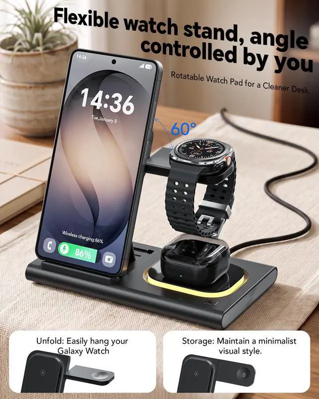 Alt view image 4 of 7 - 3 in 1 Charging Station for Samsung Charger, Foldable & Night Lamp