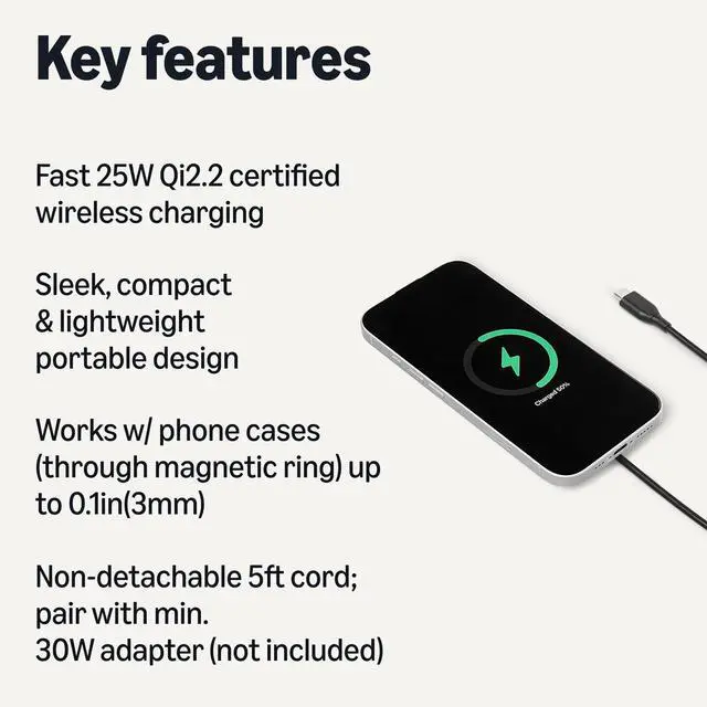 Alt view image 2 of 5 - 25W Qi2.2 Certified Wireless Charging Pad, MagSafe Compatible for iPhone 17/16/15/14/13/12, Magnetic Compatible for Android, Google Smartphones, Black (Adapter Not Included)