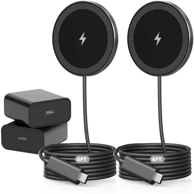 Main image of 6FT Magnetic Wireless Charger Charging Pad - 15W Fast Mag-Safe Phone Charger for Apple iPhone 17 16 15 14 13 12 Series & AirPods 4 3 2 Pro, Phone Charging Pad with Plug for Desk & Travel, 2Pack Black