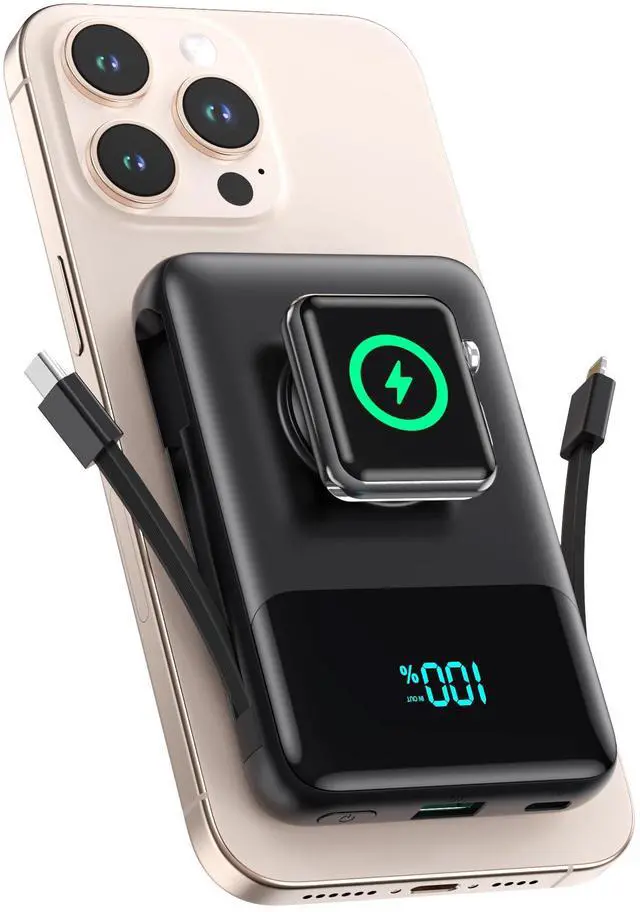 Main image of Magnetic Portable Charger for iPhone with Built-in Cable,10800mAh Wireless Power Bank for Magsafe Travel Essential,6-in-1 25W PD Fast Charging USB C Battery Pack for iPhone 17/16/15/14/13, Apple Watch