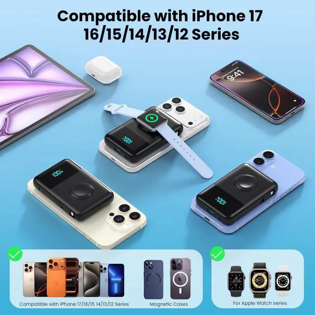 Alt view image 4 of 7 - Magnetic Portable Charger for iPhone with Built-in Cable,10800mAh Wireless Power Bank for Magsafe Travel Essential,6-in-1 25W PD Fast Charging USB C Battery Pack for iPhone 17/16/15/14/13, Apple Watch