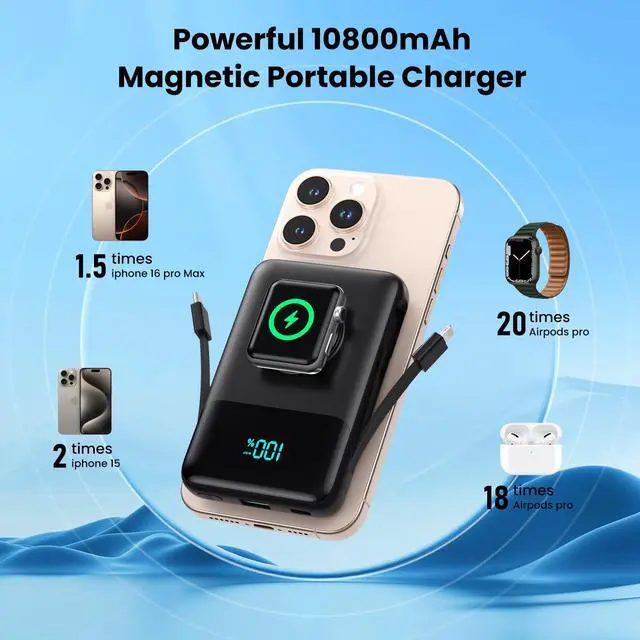 Alt view image 7 of 7 - Magnetic Portable Charger for iPhone with Built-in Cable,10800mAh Wireless Power Bank for Magsafe Travel Essential,6-in-1 25W PD Fast Charging USB C Battery Pack for iPhone 17/16/15/14/13, Apple Watch