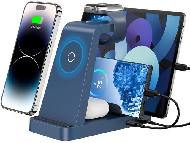 Main image of Wireless Charger for iPhone - 5 in 1 Charging Station for Multiple Devices Apple: Fast Wireless Charging Stand Dock for iPhone 17 16e 16 15 14 13 12 Pro Max Apple Watch Airpods(Blue)