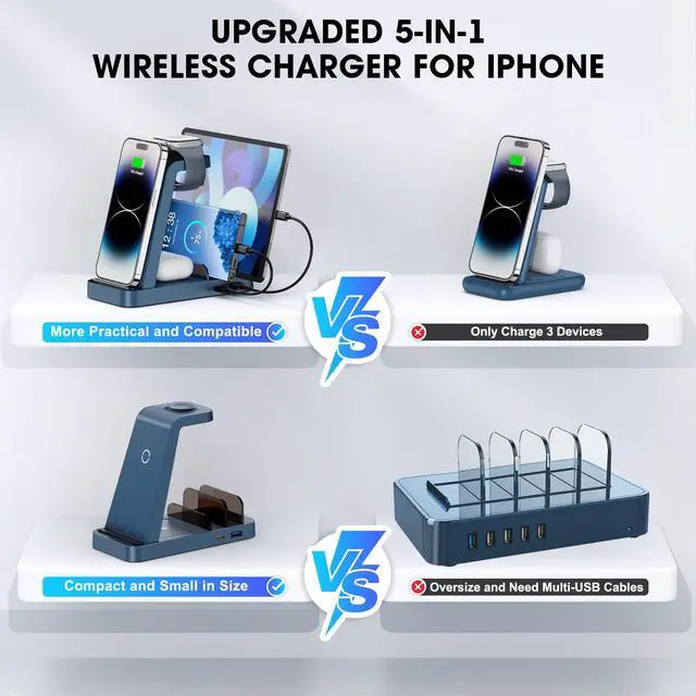 Alt view image 2 of 6 - Wireless Charger for iPhone - 5 in 1 Charging Station for Multiple Devices Apple: Fast Wireless Charging Stand Dock for iPhone 17 16e 16 15 14 13 12 Pro Max Apple Watch Airpods(Blue)
