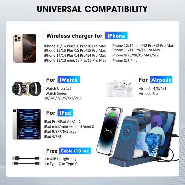 Alt view image 3 of 6 - Wireless Charger for iPhone - 5 in 1 Charging Station for Multiple Devices Apple: Fast Wireless Charging Stand Dock for iPhone 17 16e 16 15 14 13 12 Pro Max Apple Watch Airpods(Blue)