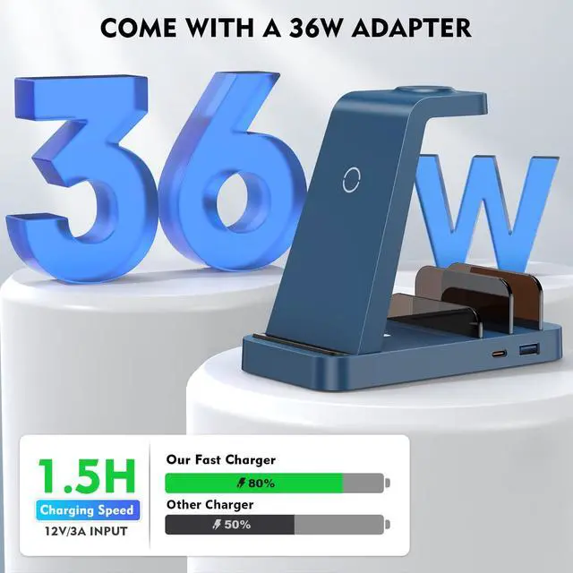 Alt view image 4 of 6 - Wireless Charger for iPhone - 5 in 1 Charging Station for Multiple Devices Apple: Fast Wireless Charging Stand Dock for iPhone 17 16e 16 15 14 13 12 Pro Max Apple Watch Airpods(Blue)