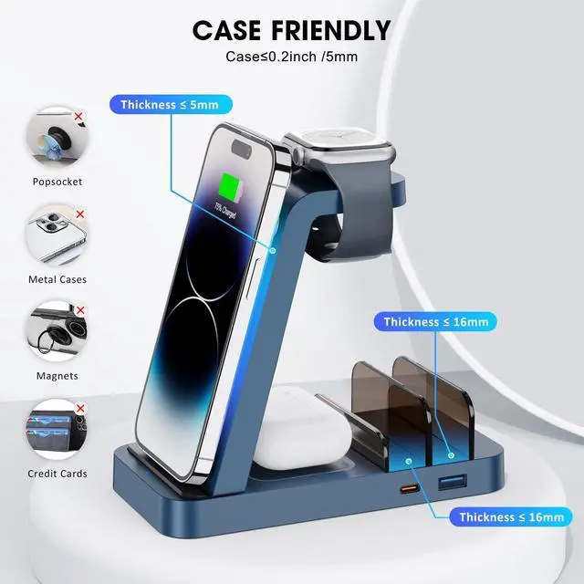 Alt view image 6 of 6 - Wireless Charger for iPhone - 5 in 1 Charging Station for Multiple Devices Apple: Fast Wireless Charging Stand Dock for iPhone 17 16e 16 15 14 13 12 Pro Max Apple Watch Airpods(Blue)