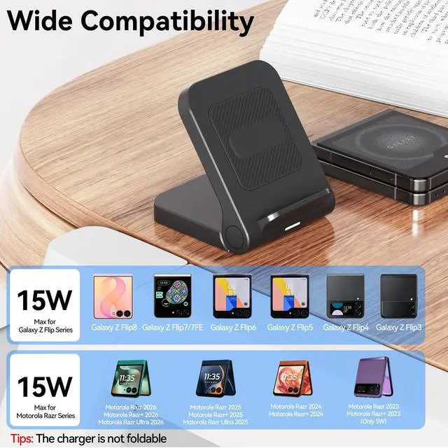 Alt view image 3 of 6 - 15W Fast Wireless Charger Stand for Samsung Galaxy Z Flip 8, Non-Fold