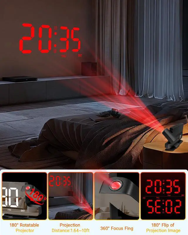 Alt view image 2 of 7 - Projection Alarm Clock for Bedroom Ceiling, Black Digital Clock