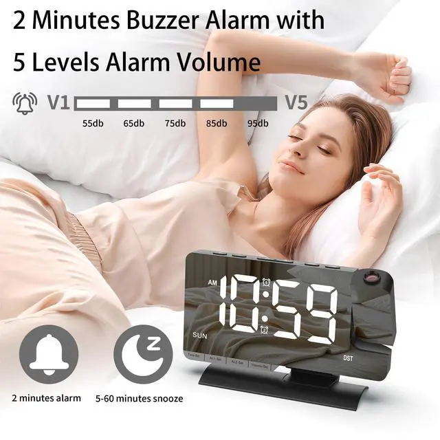 Alt view image 4 of 7 - Projection Alarm Clock for Bedroom Ceiling, Black Digital Clock