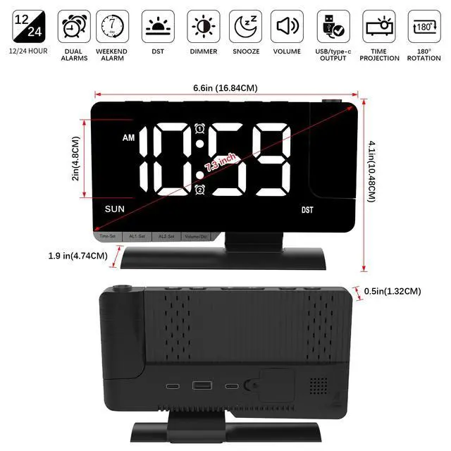 Alt view image 6 of 7 - Projection Alarm Clock for Bedroom Ceiling, Black Digital Clock