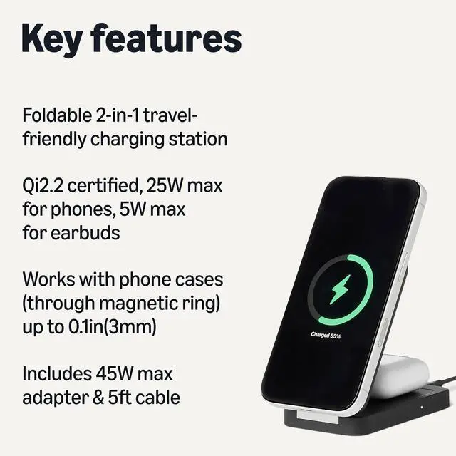 Alt view image 2 of 5 - MagSafe Compatible Wireless Charging Station, 25W Max. Fast Charging Qi2.2 Certified 2-in-1 Charger, Foldable Stand for iPhone 17/16/15/14/13/12 & AirPods, with 45W Max. Adapter, Black