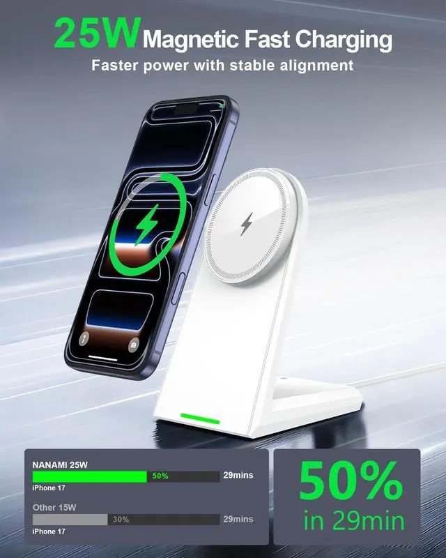 Alt view image 2 of 7 - 25W Wireless Charger Stand for iPhone 17/16/15 with Auto-Dimming LED