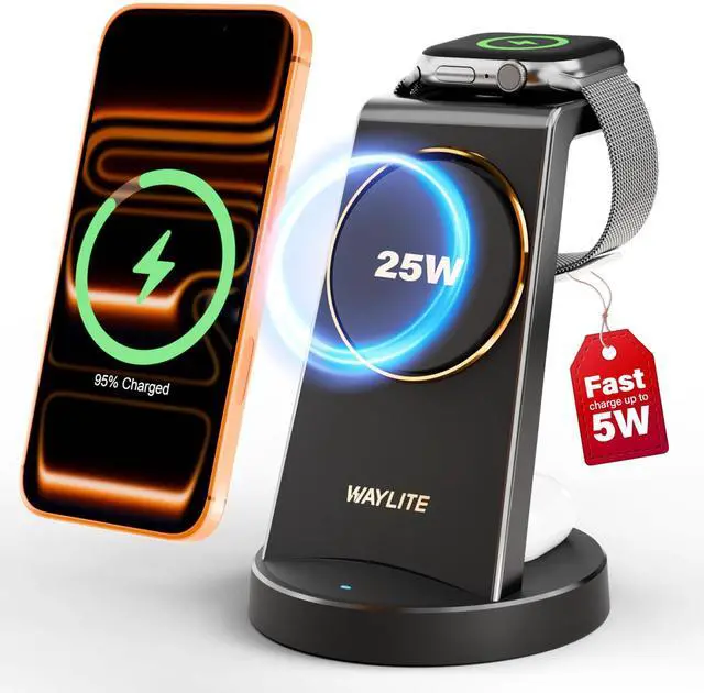 Main image of 3 in 1 Fast Charging Station for iPhone, 25W Wireless Magnetic Phone Charger for iPhone 17 16e 16 15 14 13 12 Serise, Watch Charger Stand, Wireless Charging Station for AirPods 4 3 Pro, Black