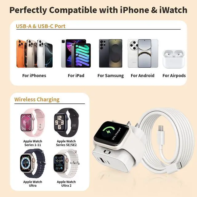 Alt view image 4 of 4 - 3-in-1 Charging Blocks for Apple Watch,23W Dual Port Compact Charger Block