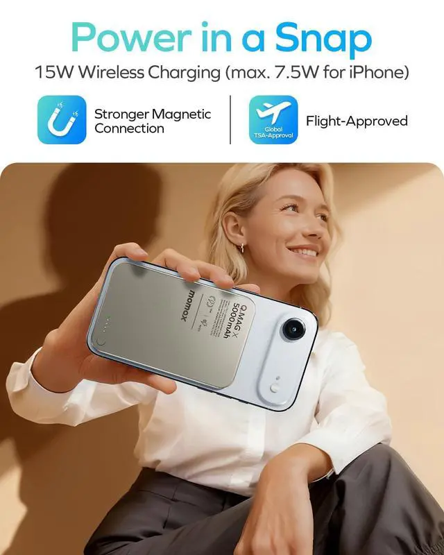 Alt view image 3 of 7 - Magnetic Wireless Power Bank 5000mAh, Ultra-Slim 0.3" MagSafe-Compatible Portable Charger, 20W USB-C PD Fast Charging, for iPhone 17/16/15/14/13/12 Series, Samsung Galaxy & Google Pixel