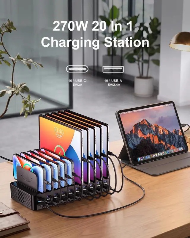 Alt view image 2 of 7 - 20-Port 270W Charging Station for Multiple Devices with 10 Charging Cables