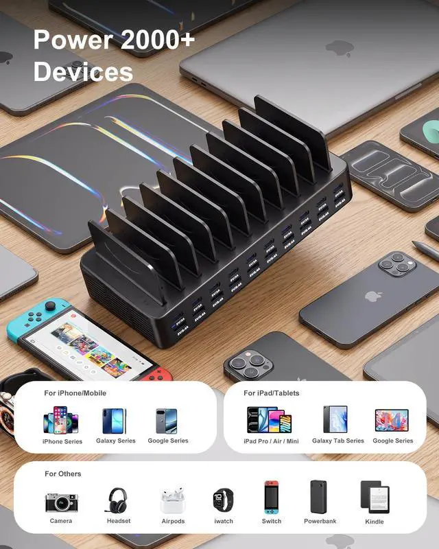 Alt view image 5 of 7 - 20-Port 270W Charging Station for Multiple Devices with 10 Charging Cables