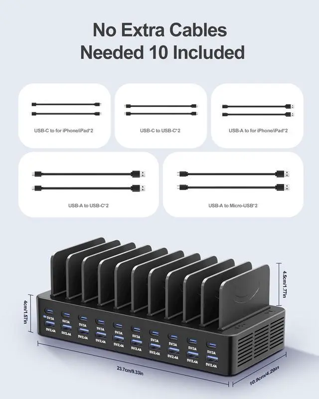 Alt view image 7 of 7 - 20-Port 270W Charging Station for Multiple Devices with 10 Charging Cables