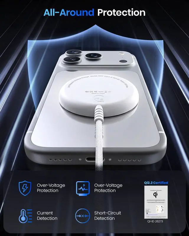 Alt view image 5 of 7 - Magnetic Wireless Charger, 5FT Qi2 25W Fast Charging Pad Compatible with MagSafe for iPhone Air/17e/17/16/15/14/13/12/Pro/Pro Max Series & AirPods 4/3/2/Pro & More (with 30W Adapter)
