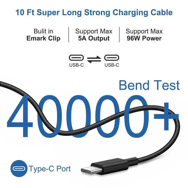 Alt view image 2 of 7 - 10FT Mac Book Pro Air Charger, Long Type C Charging Cable with 96W 87W 61W USB Type C(USB-C) Fast Power Adapter, Compatible with MacBook Air Pro and All USB-C Devices, Black